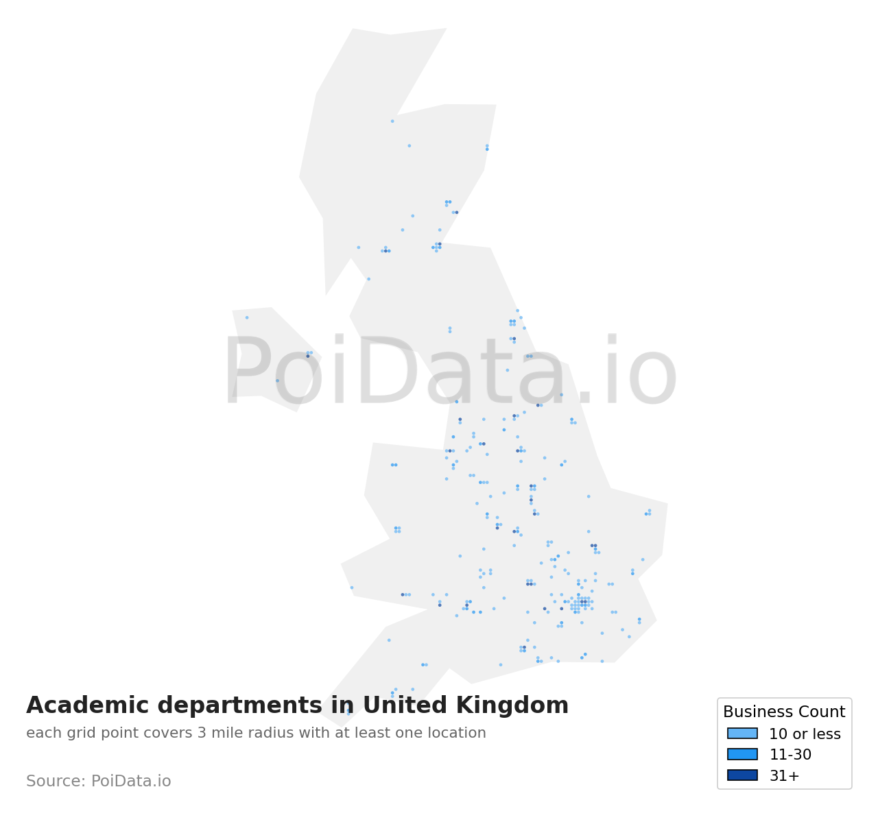 Academic department density map for United Kingdom