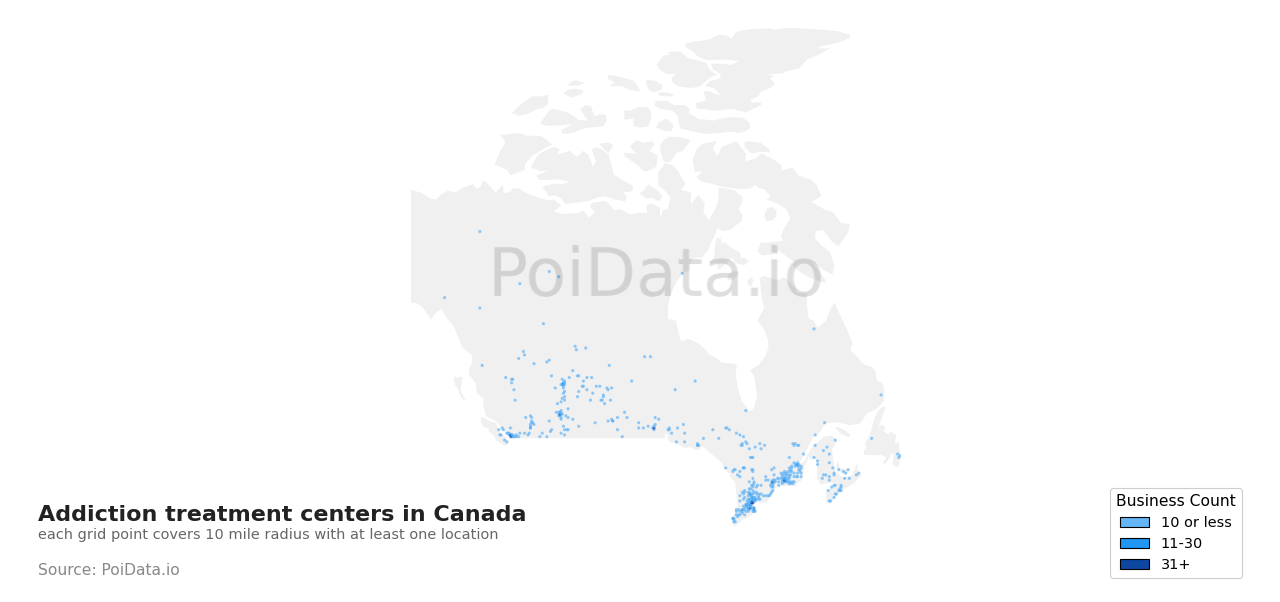Addiction treatment center density map for Ontario, Canada