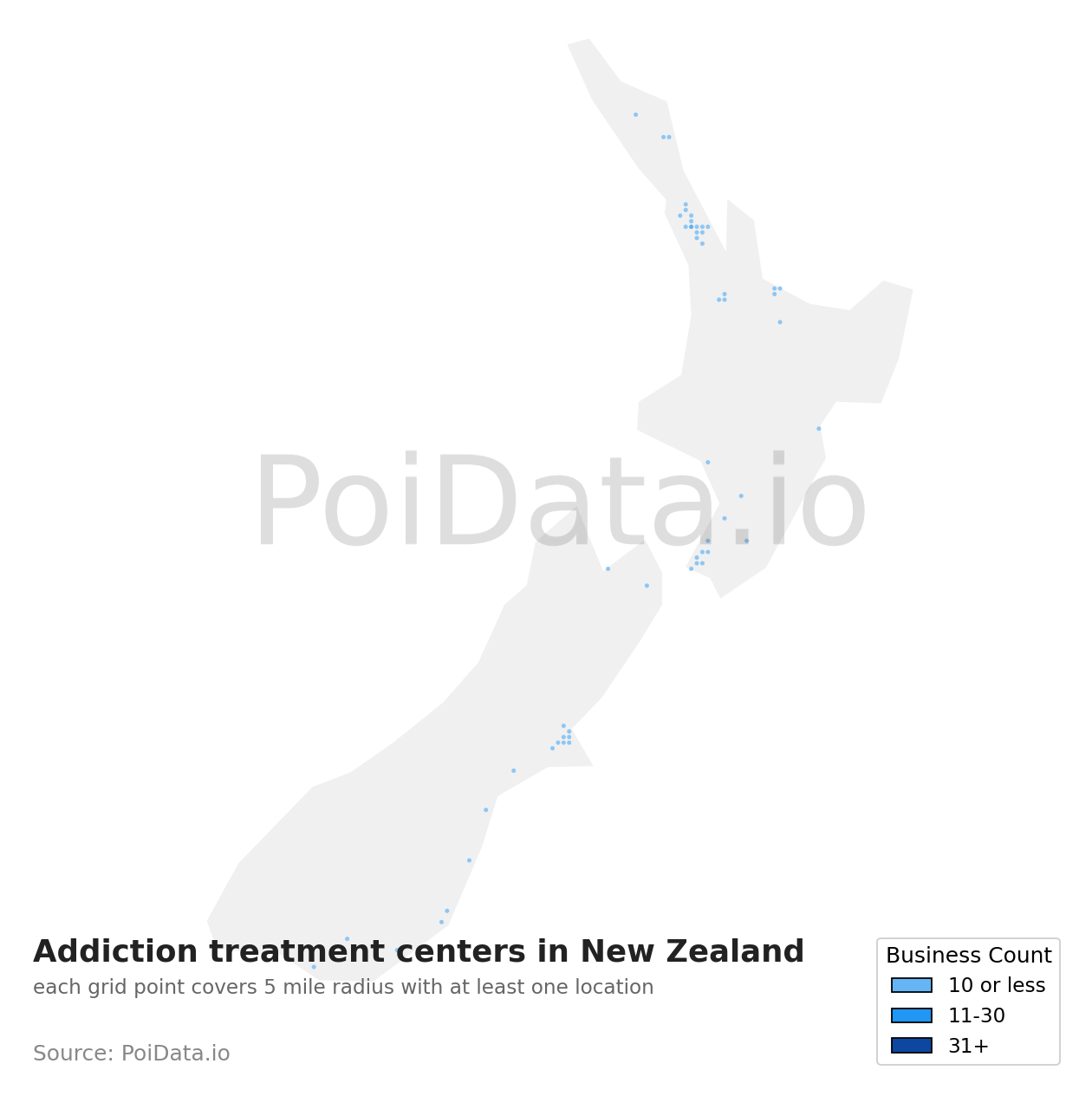 Addiction treatment center density map for New Zealand