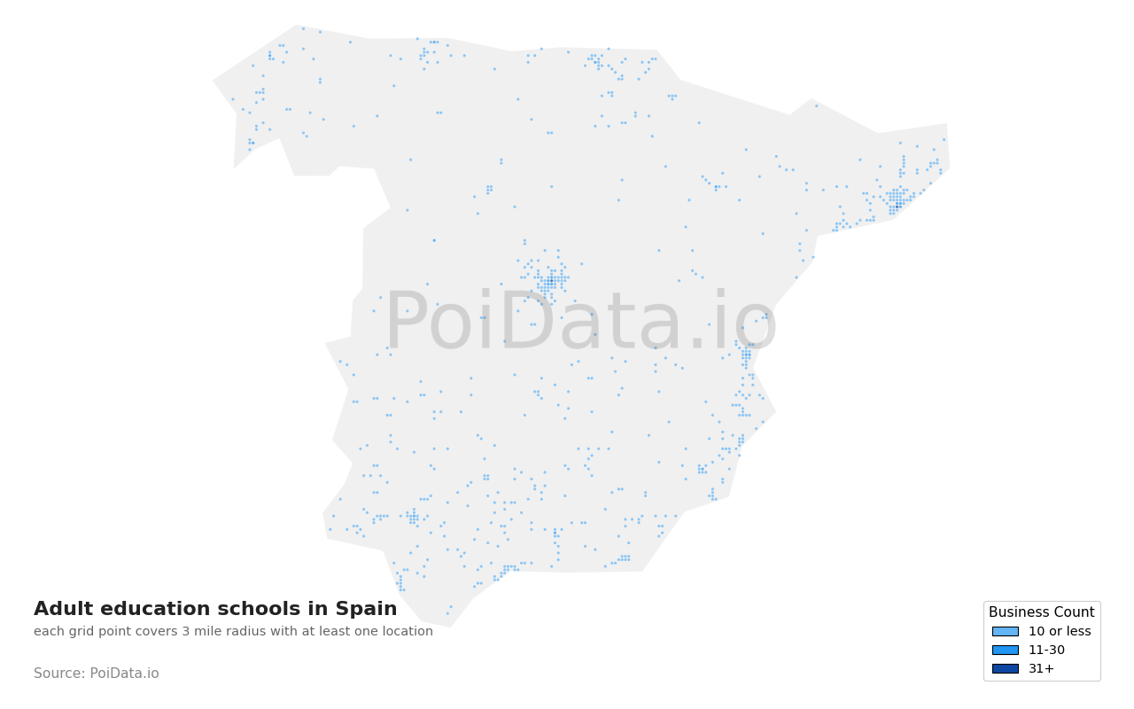 Adult education school density map for Spain