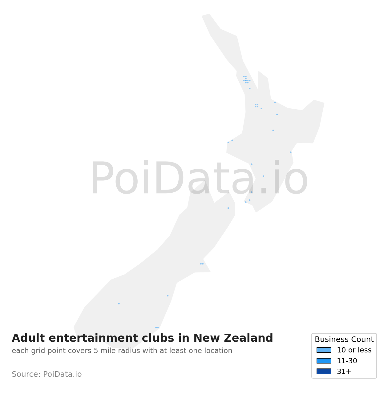 Adult entertainment club density map for New Zealand