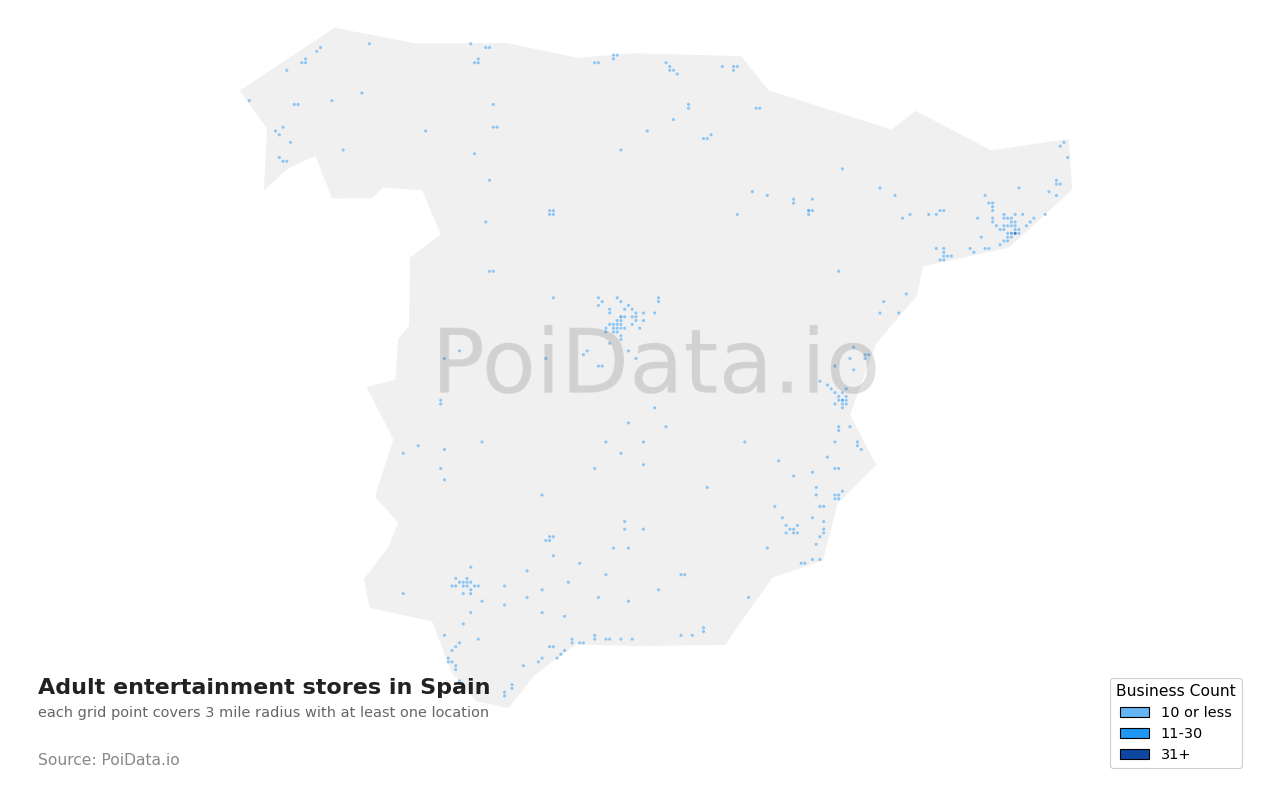 Adult entertainment store density map for Spain