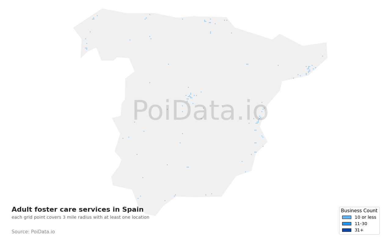 Adult foster care service density map for Spain