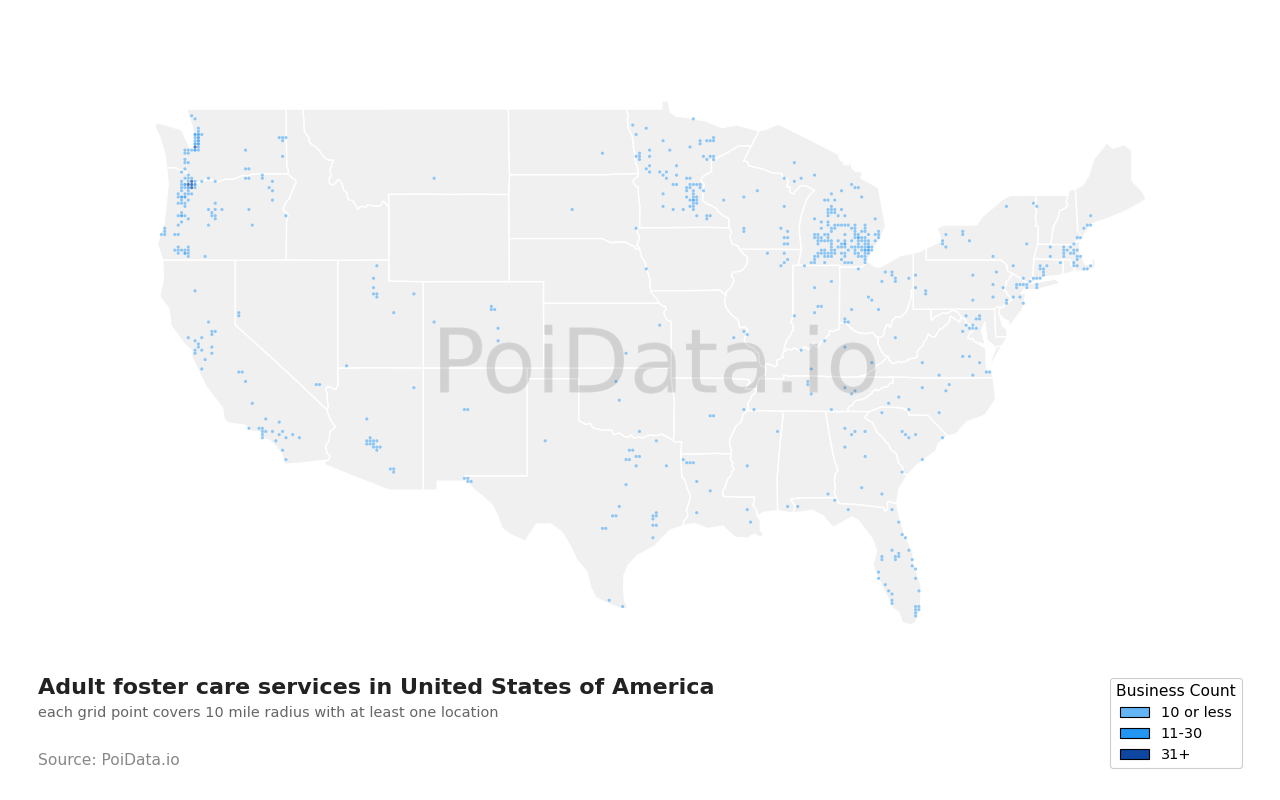 Adult foster care service density map for Florida, United States