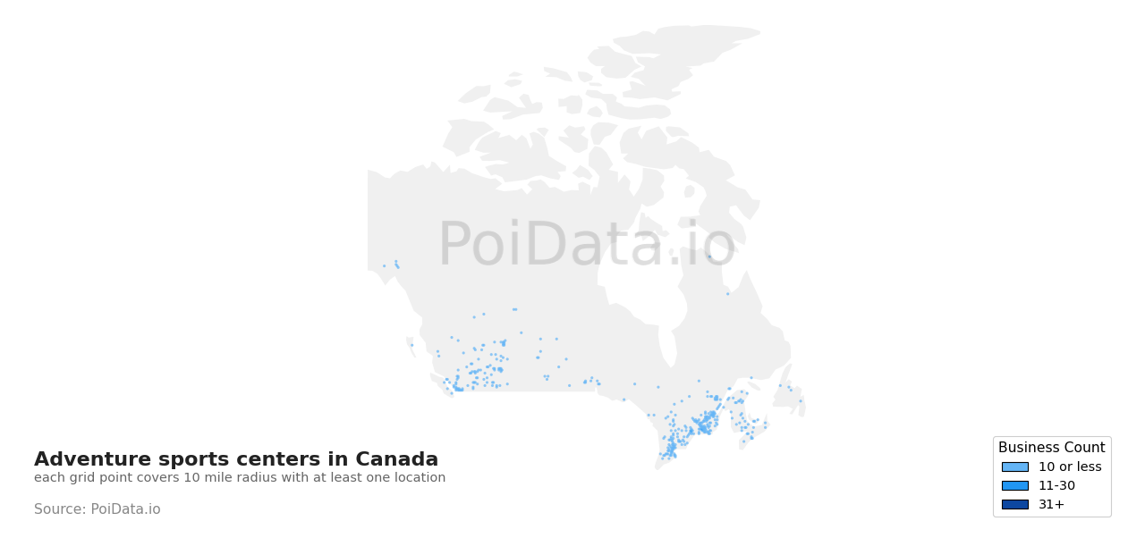 Adventure sports center density map for Alberta, Canada