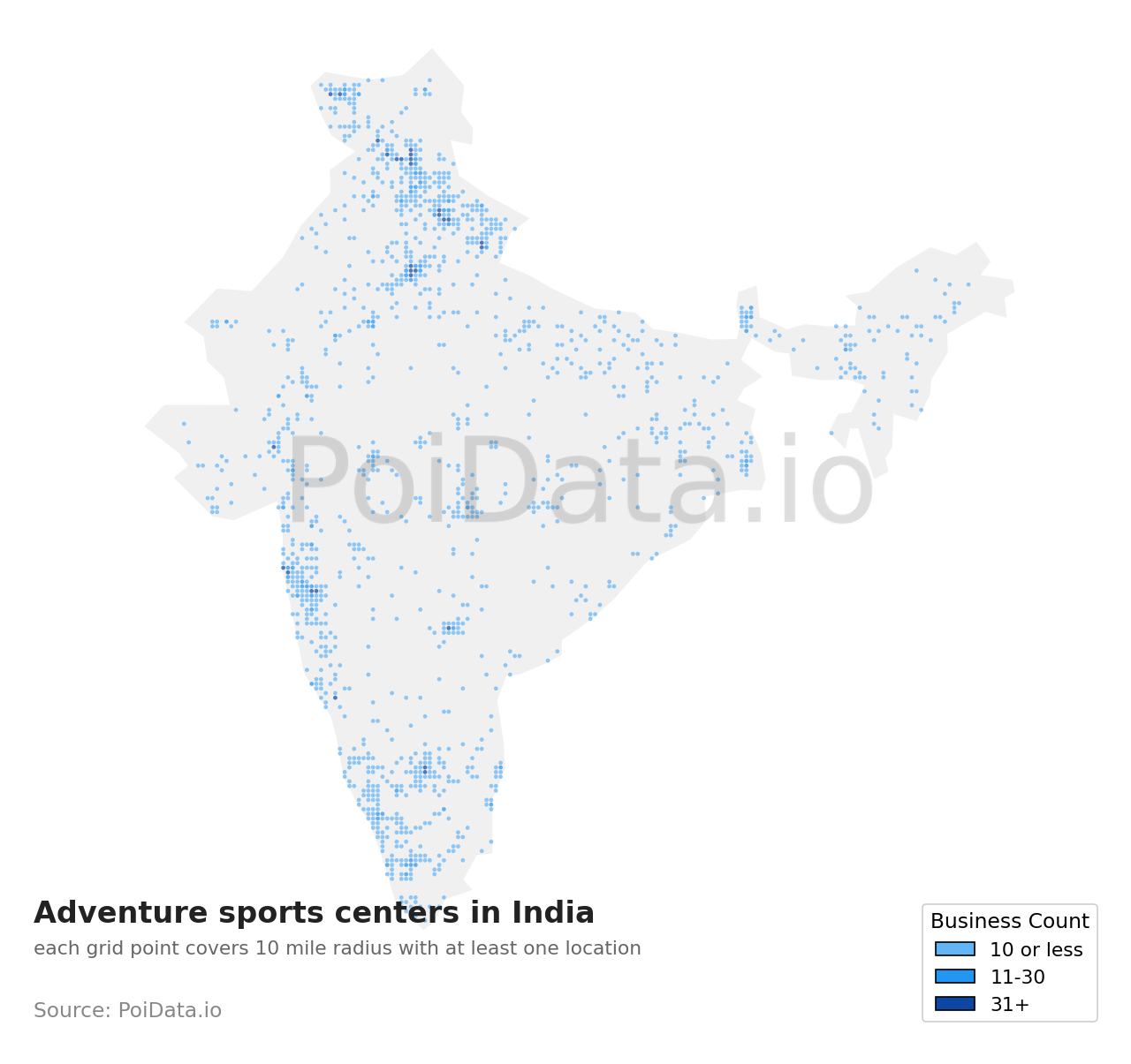 Adventure sports center density map for India