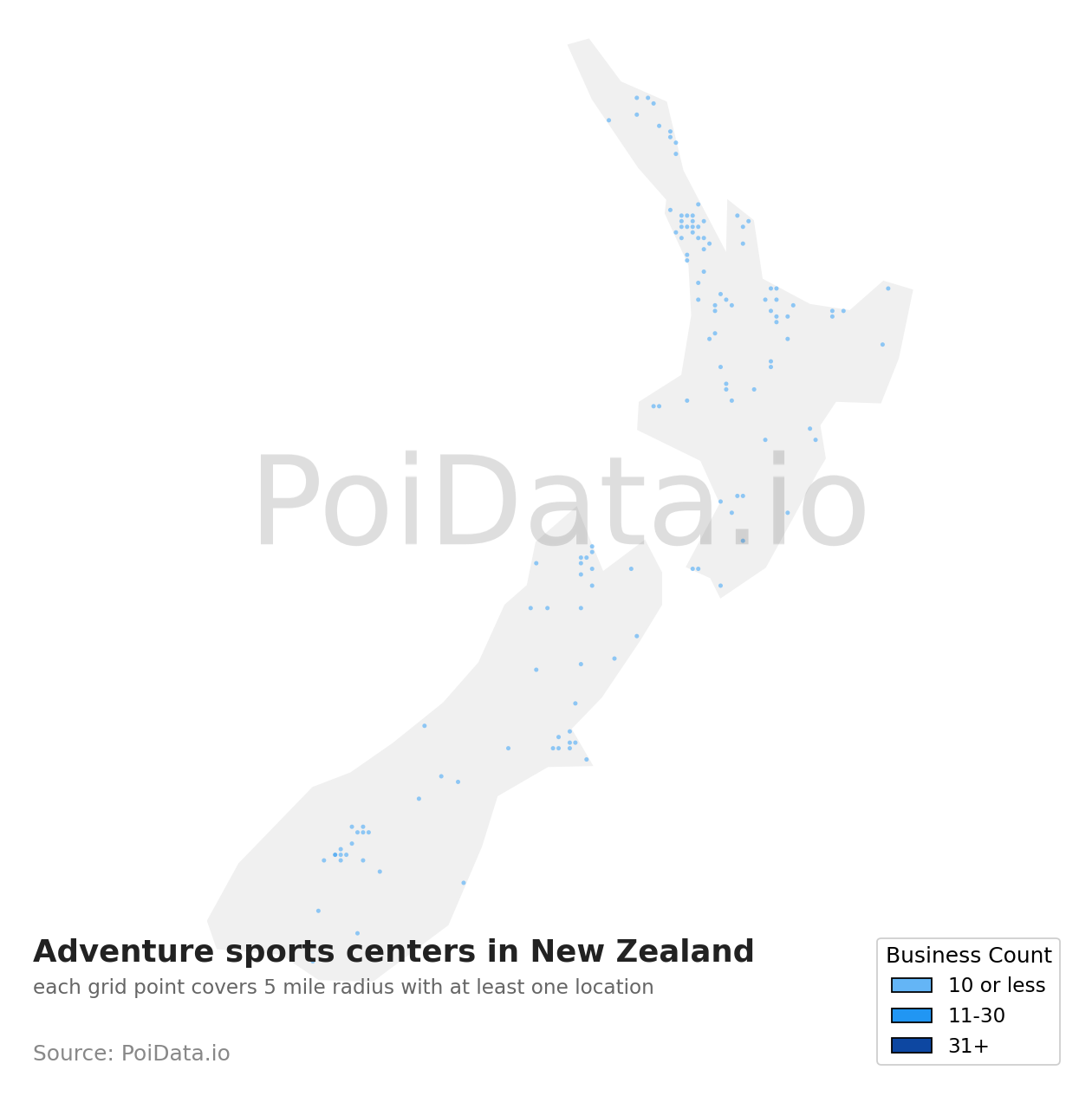 Adventure sports center density map for Waikato Region, New Zealand