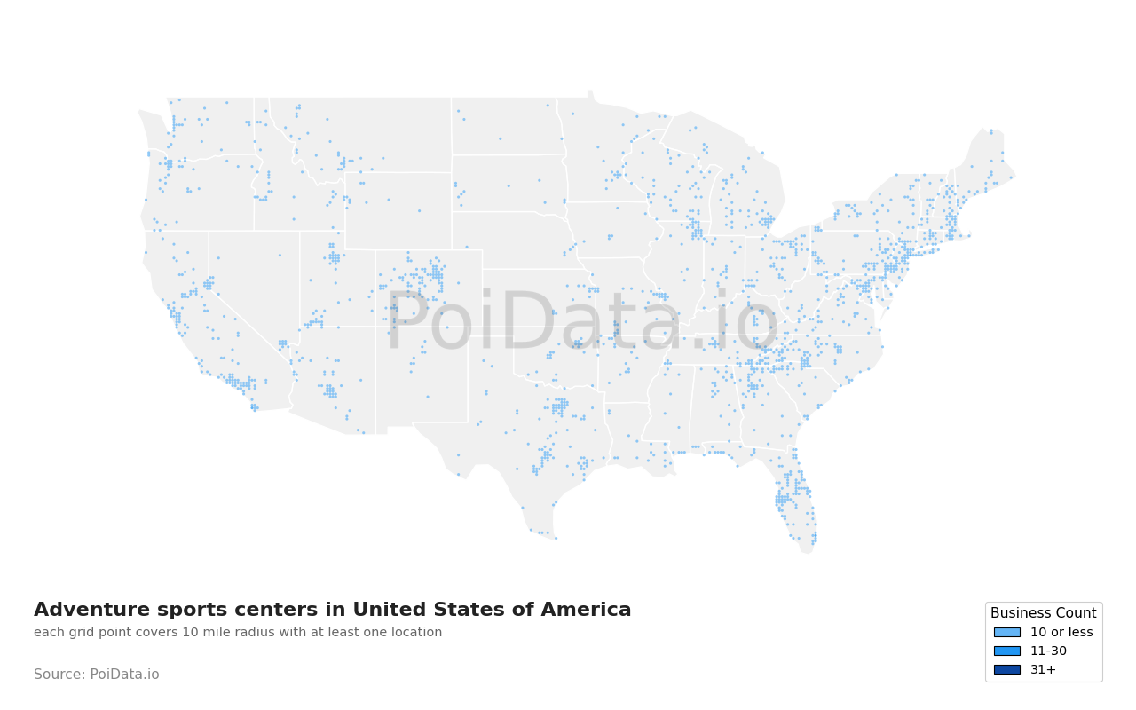 Adventure sports center density map for Minnesota, United States