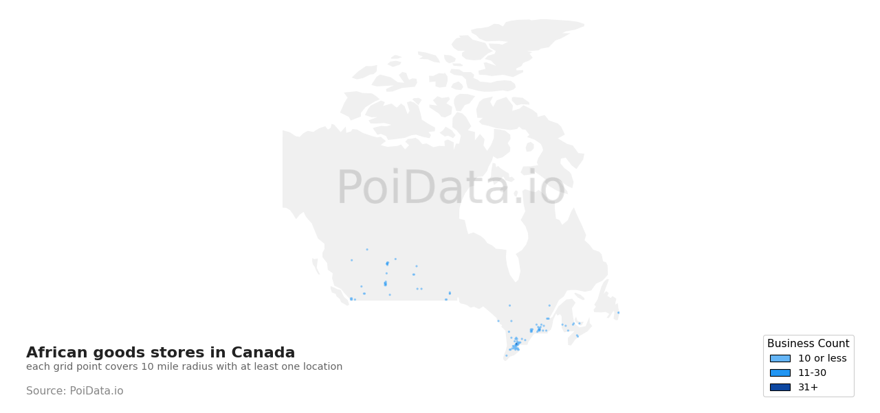 African goods store density map for Prince Edward Island, Canada