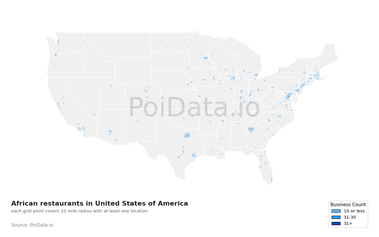 African restaurant density map for Nevada, United States