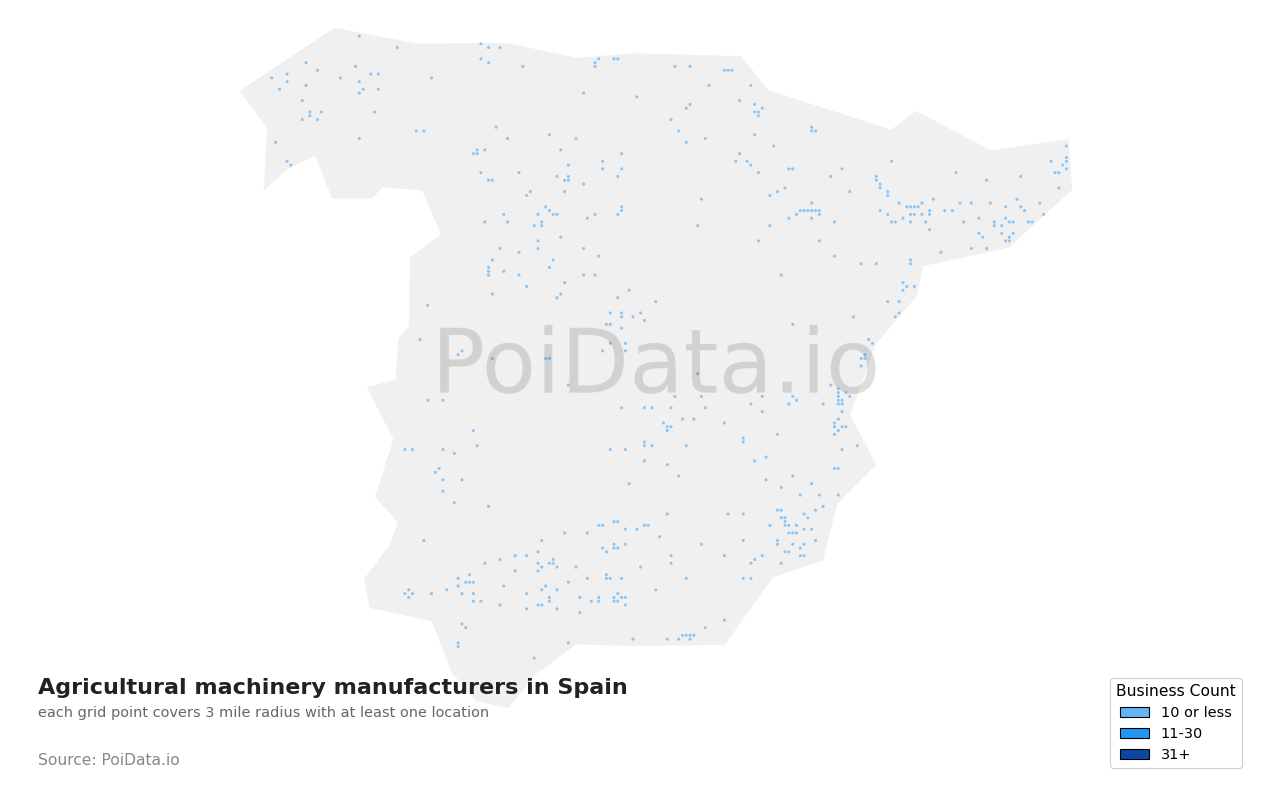 Agricultural machinery manufacturer density map for Spain