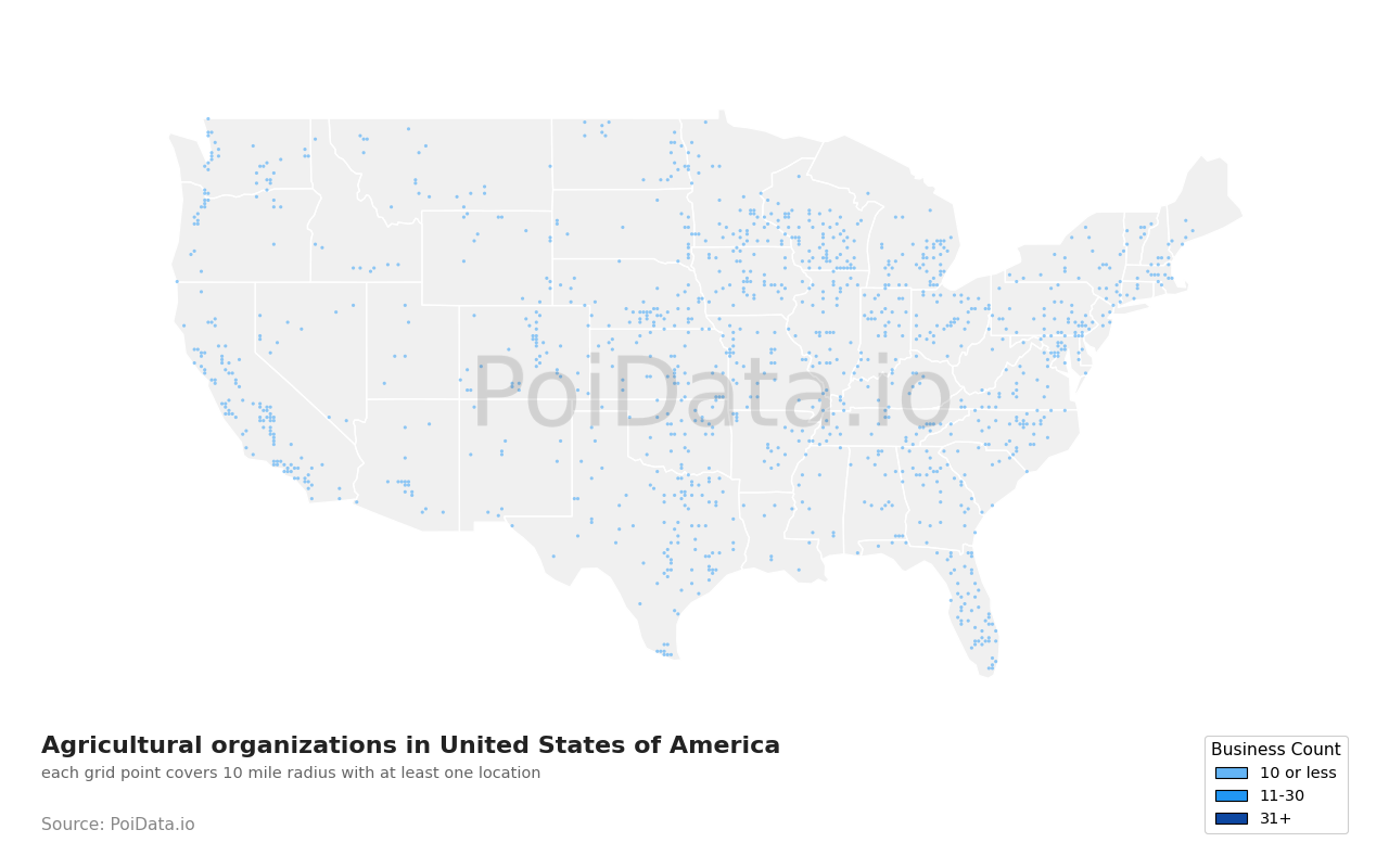 Agricultural organization density map for Indiana, United States