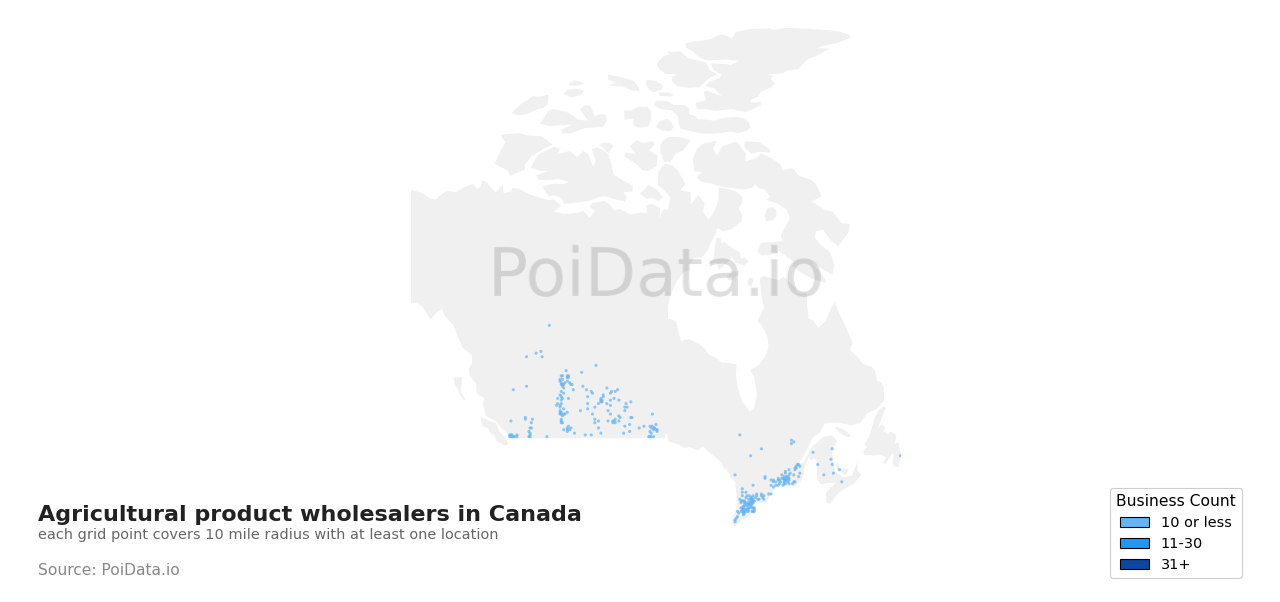 Agricultural product wholesaler density map for Manitoba, Canada