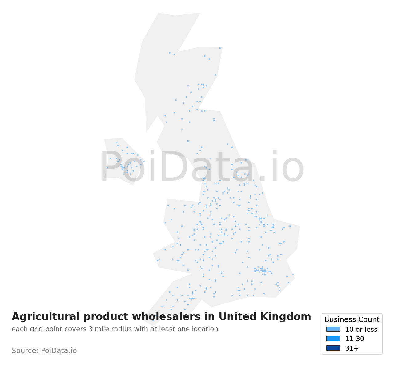 Agricultural product wholesaler density map for United Kingdom