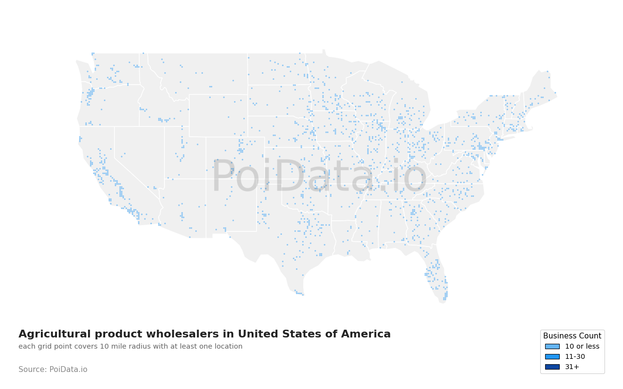 Agricultural product wholesaler density map for United States