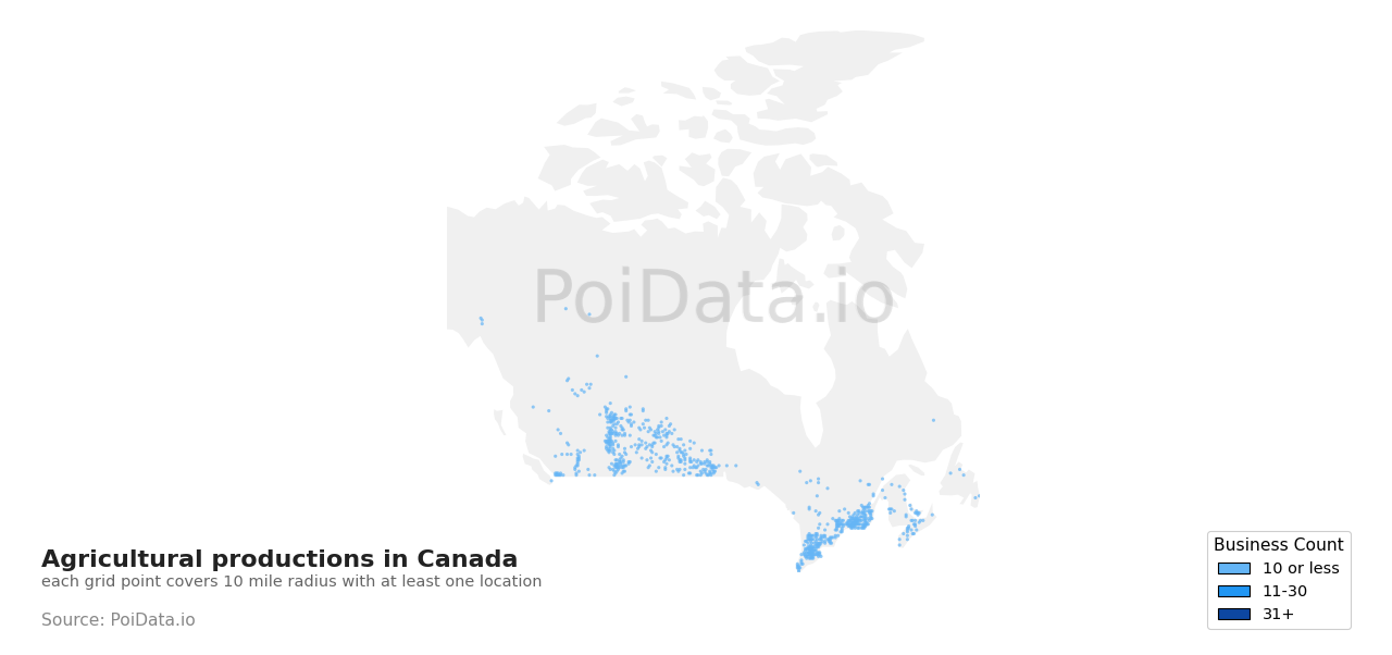 Agricultural production density map for Canada