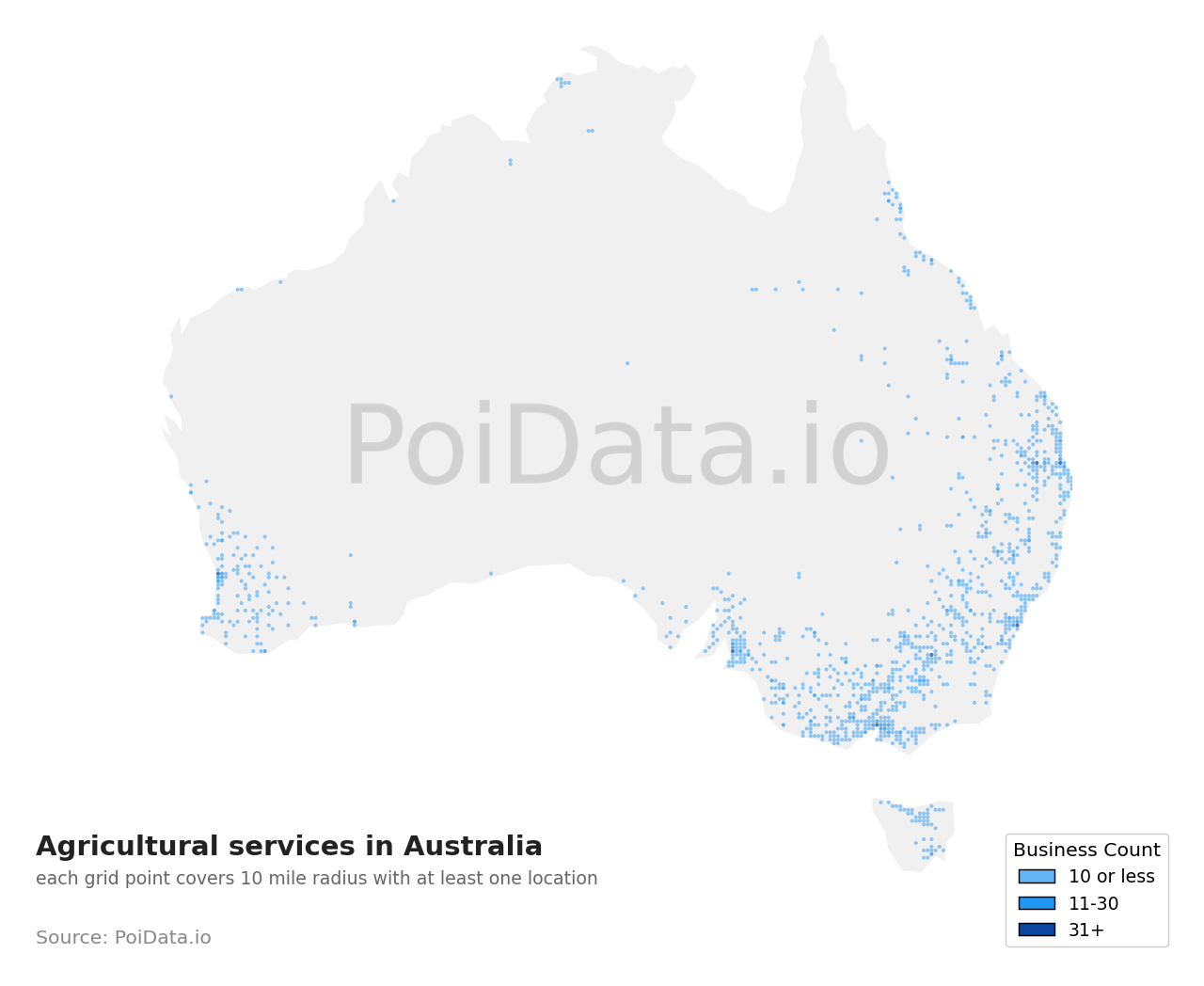 Agricultural service density map for Tasmania, Australia