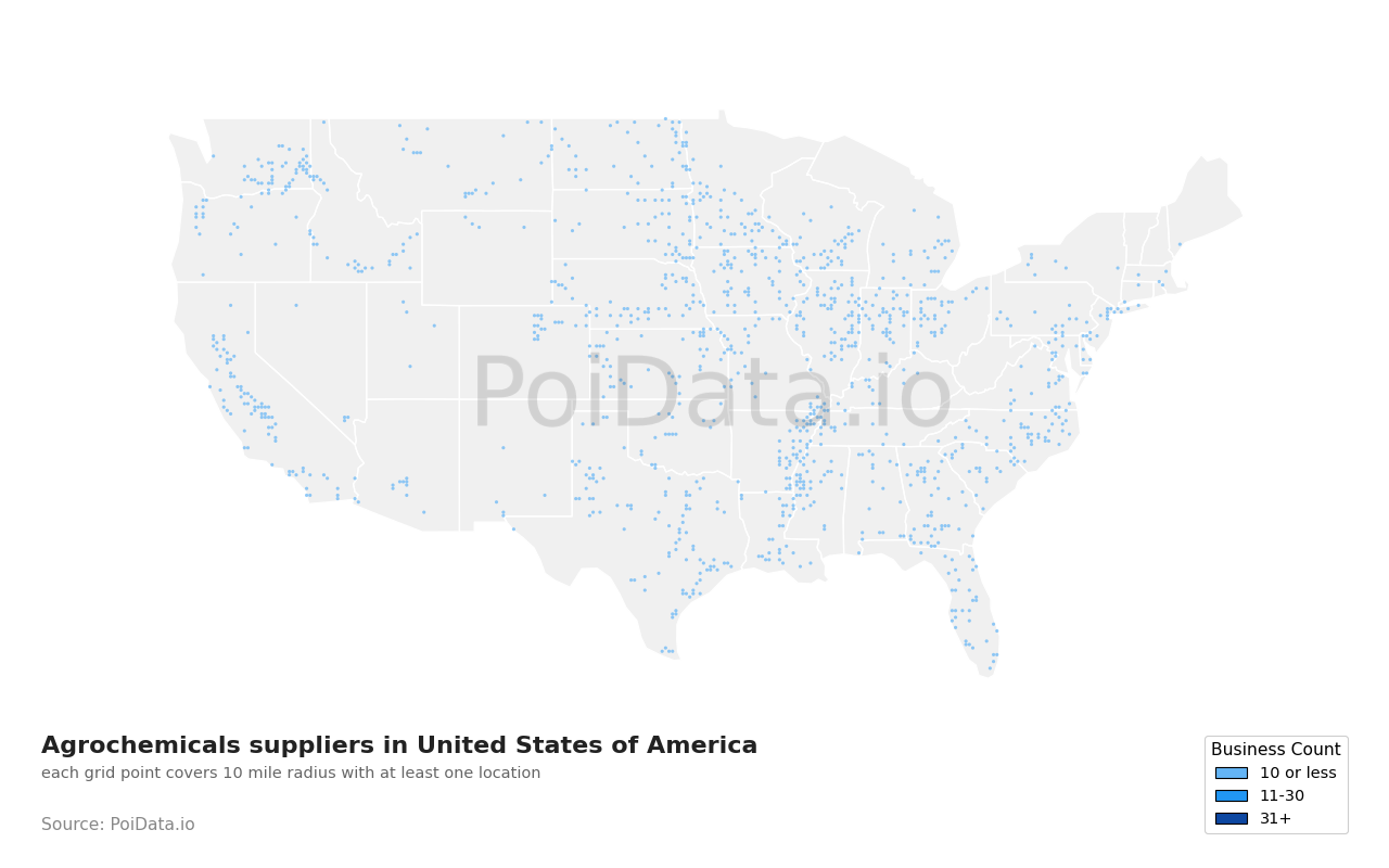 Agrochemicals supplier density map for Texas, United States