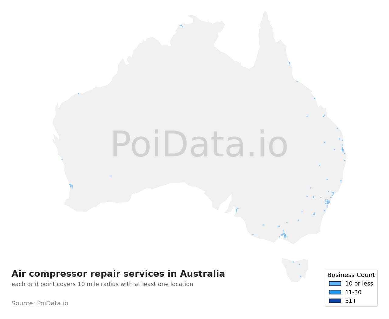 Air compressor repair service density map for Northern Territory, Australia