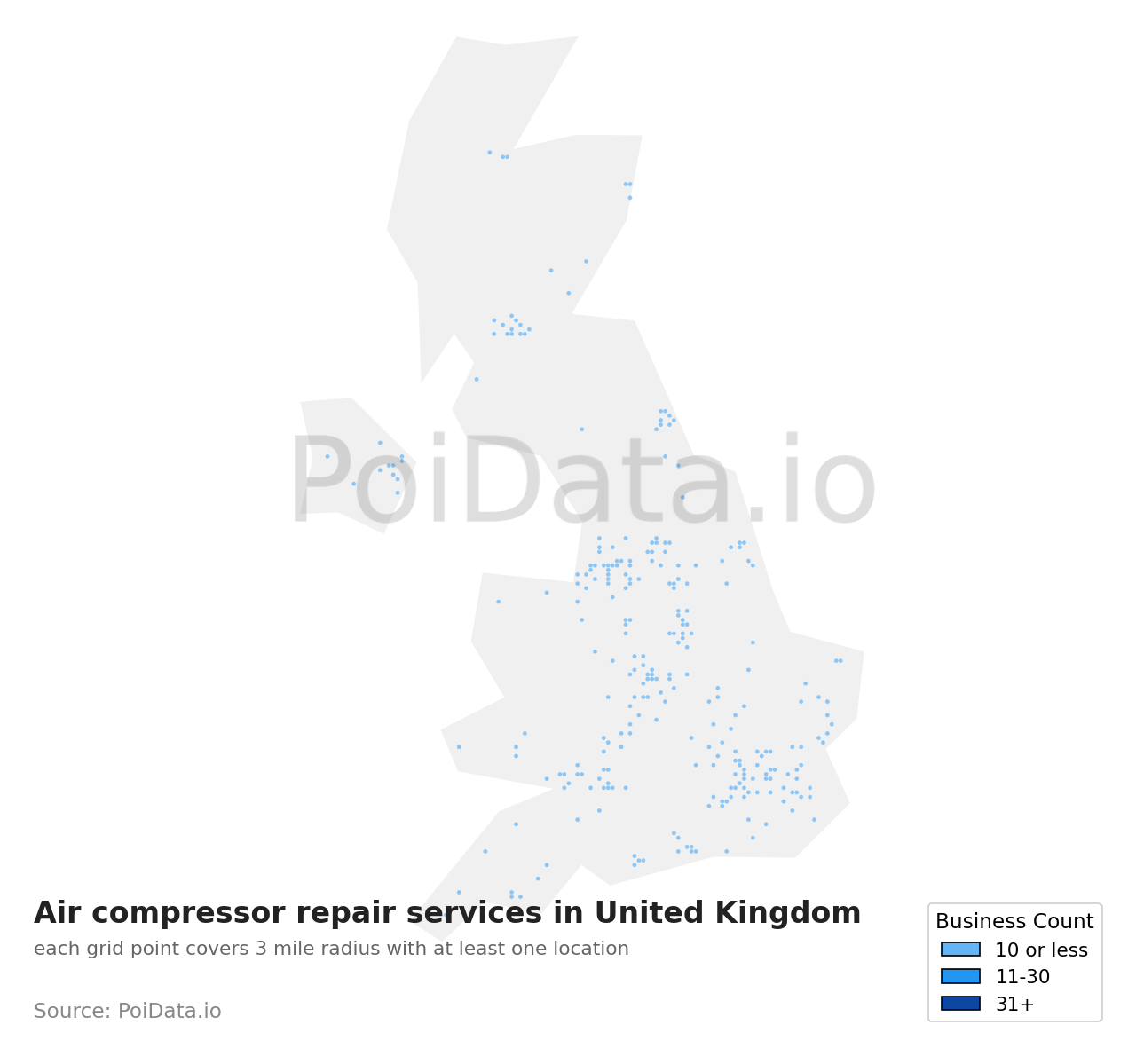 Air compressor repair service density map for United Kingdom