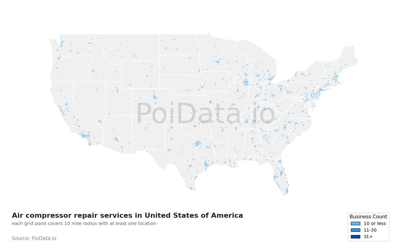Air compressor repair service density map for California, United States