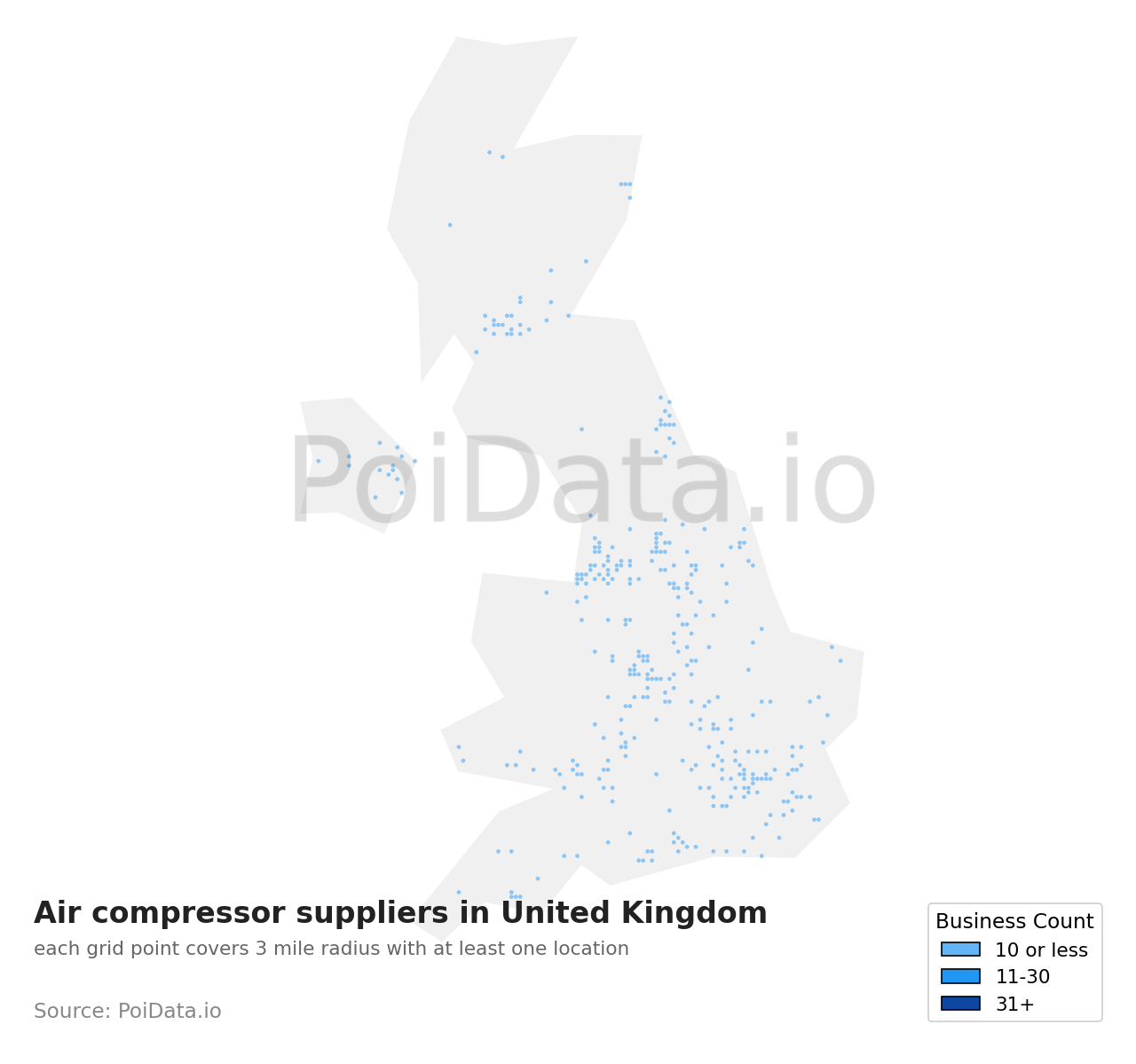 Air compressor supplier density map for United Kingdom