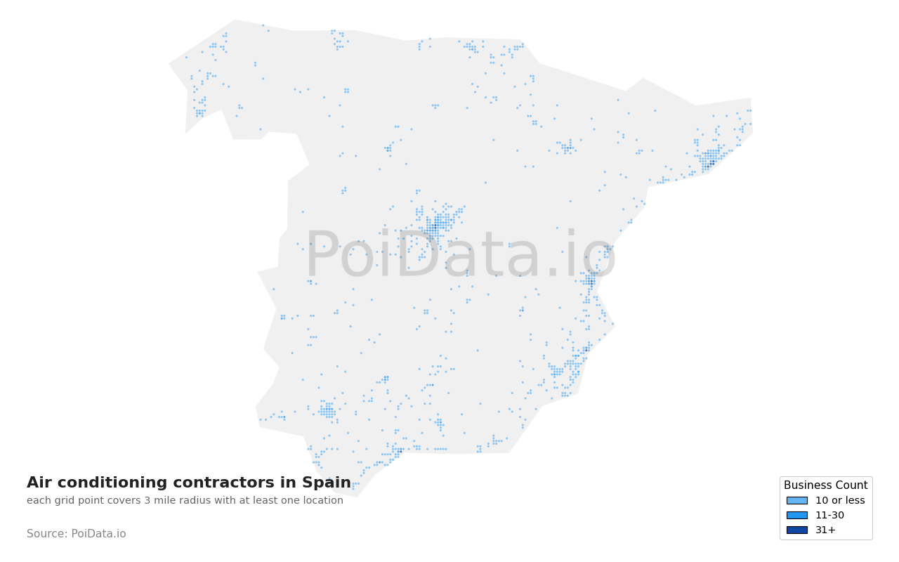 Air conditioning contractor density map for Spain