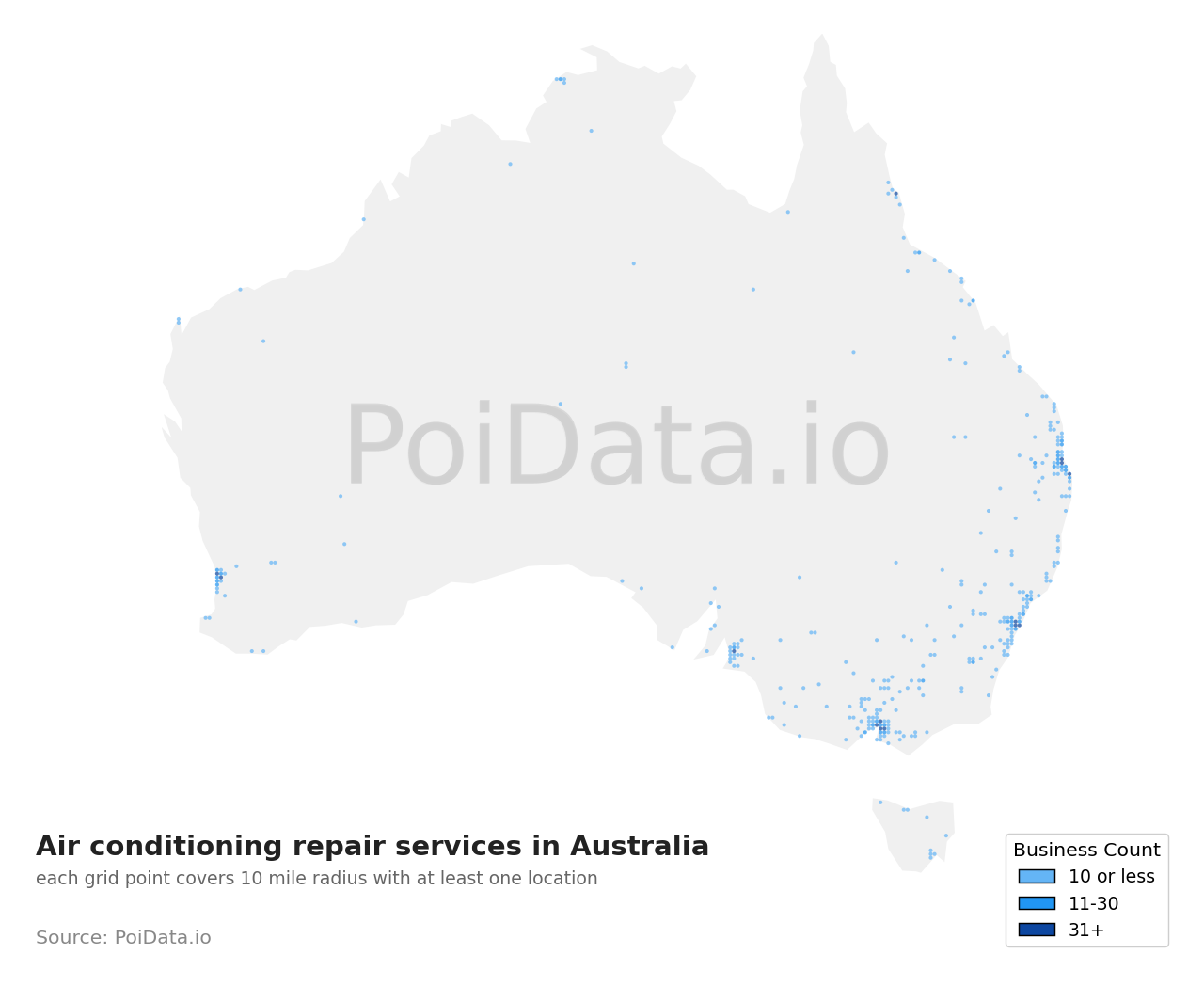 Air conditioning repair service density map for Western Australia, Australia