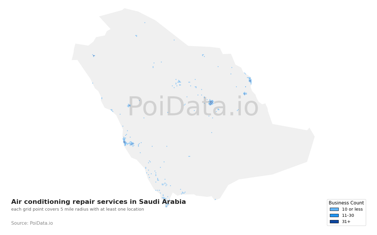 Air conditioning repair service density map for Saudi Arabia