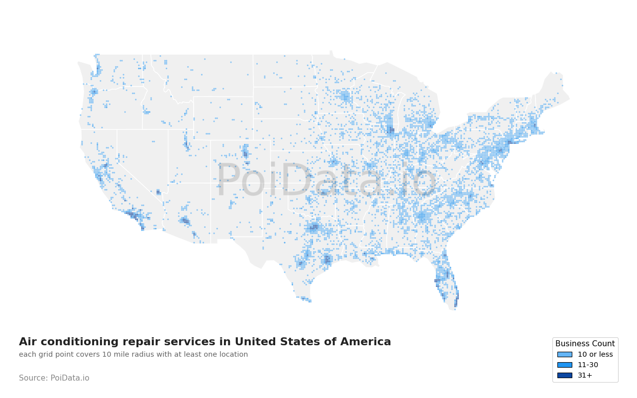 Air conditioning repair service density map for Florida, United States