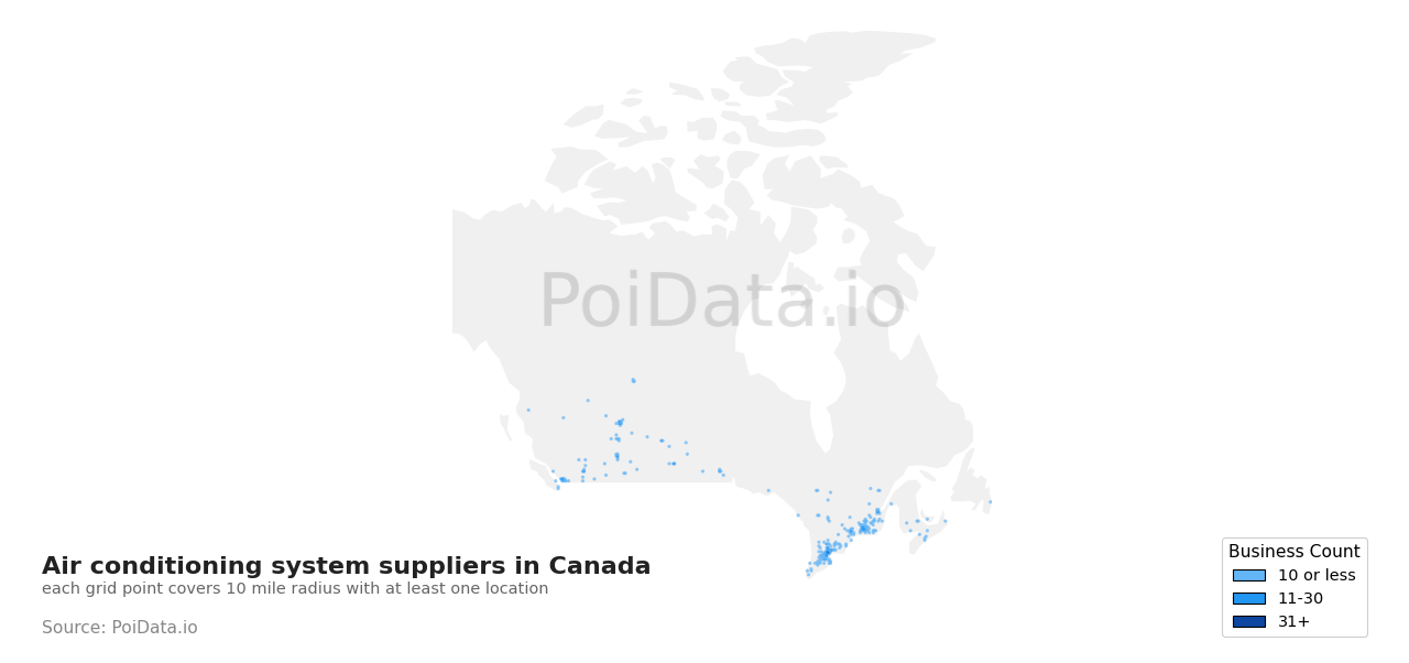 Air conditioning system supplier density map for Prince Edward Island, Canada