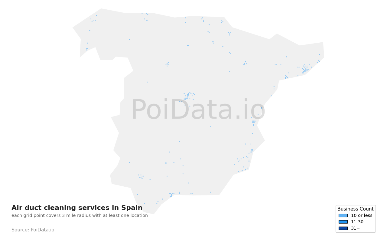 Air duct cleaning service density map for Spain