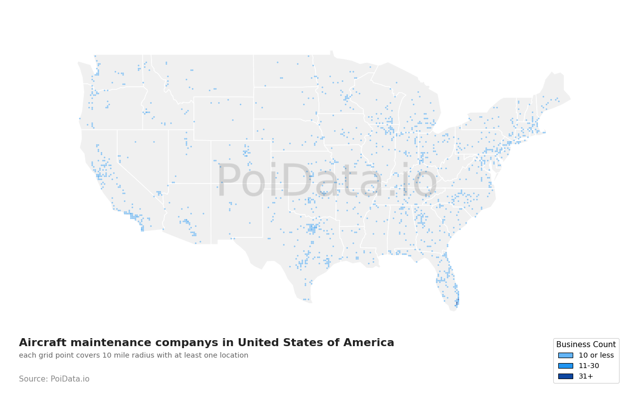 Aircraft maintenance company density map for United States