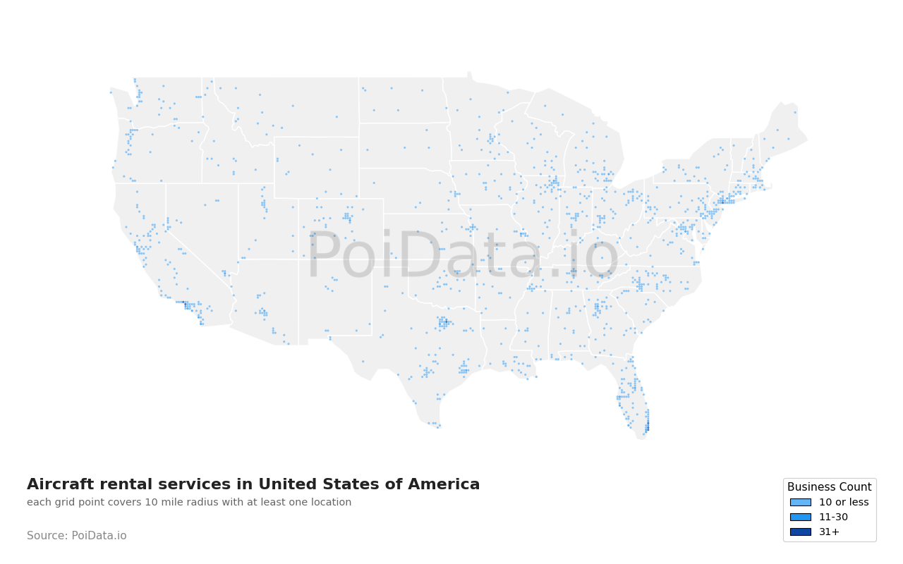 Aircraft rental service density map for United States