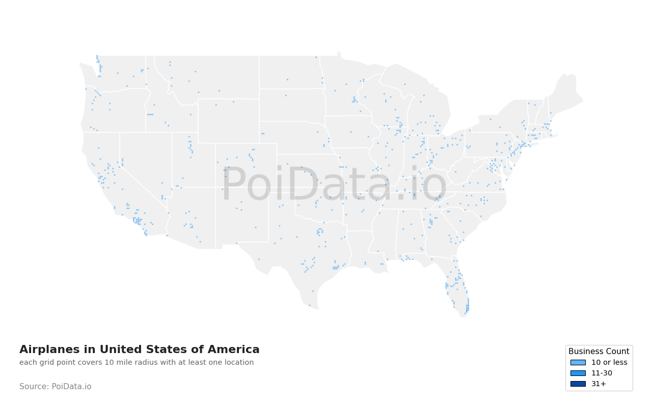 Airplane density map for Florida, United States