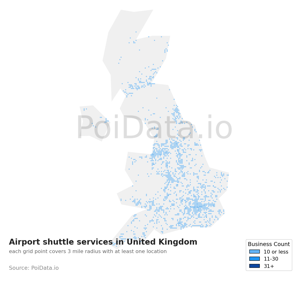 Airport shuttle service density map for United Kingdom
