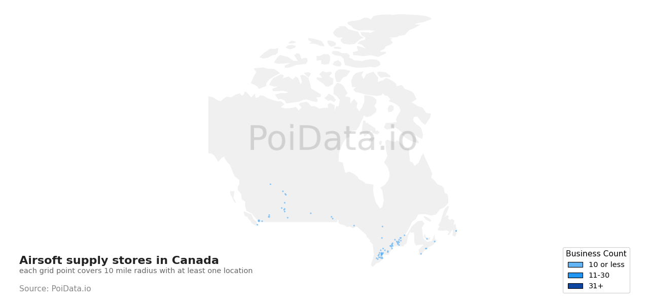 Airsoft supply store density map for Canada