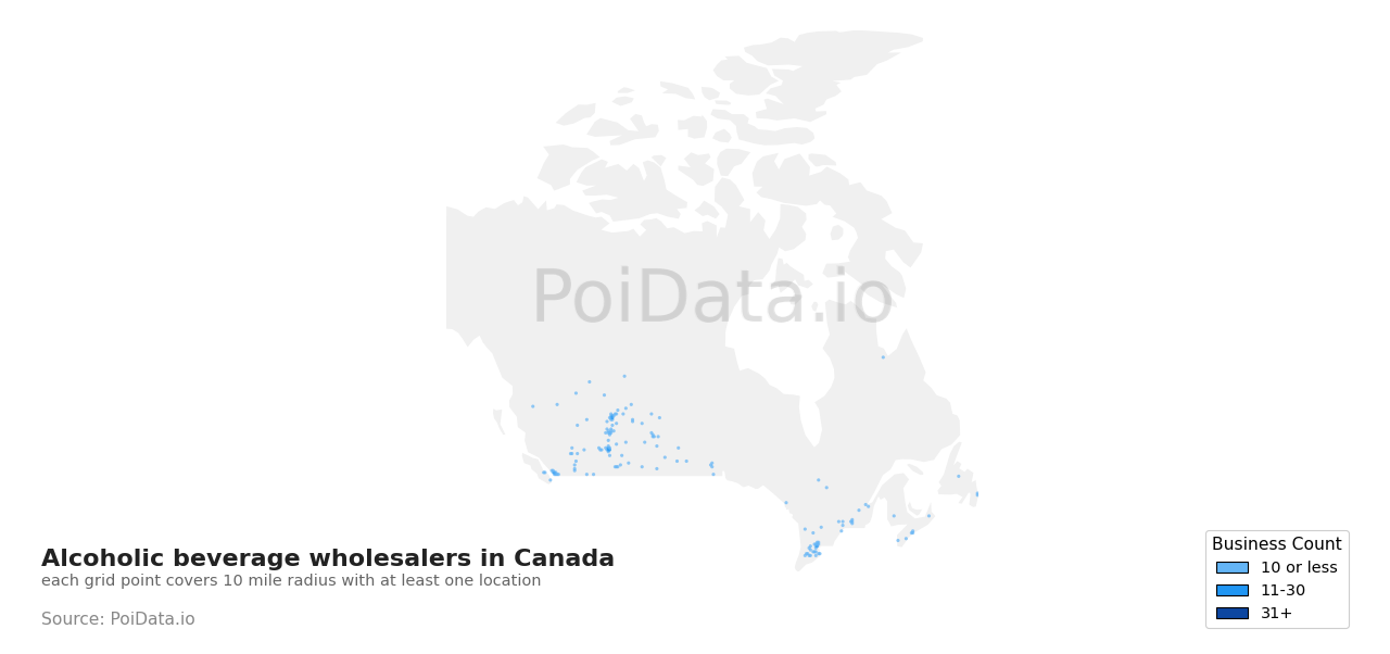 Alcoholic beverage wholesaler density map for Canada