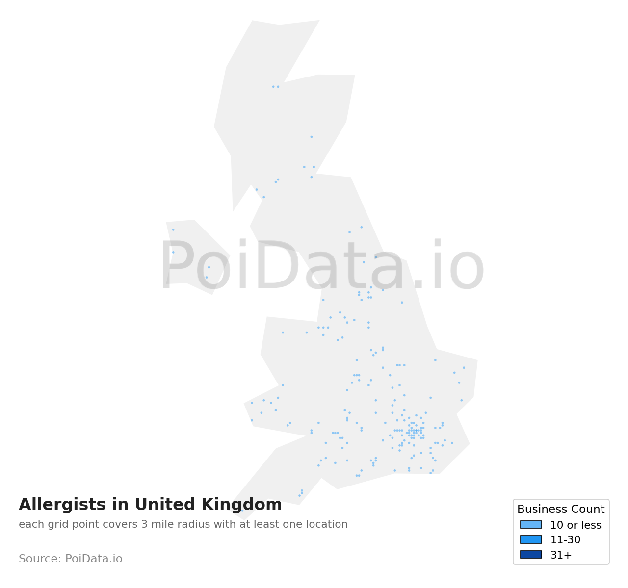 Allergist density map for United Kingdom