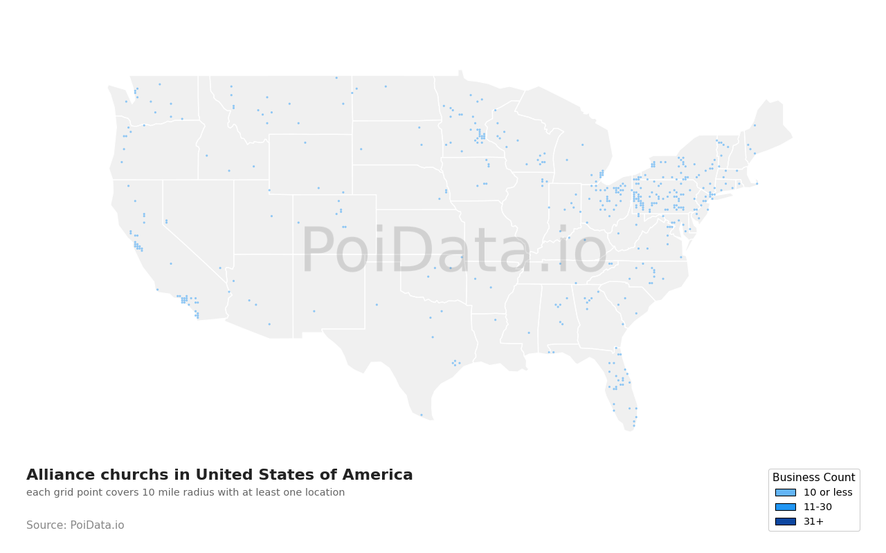 Alliance church density map for Washington, United States