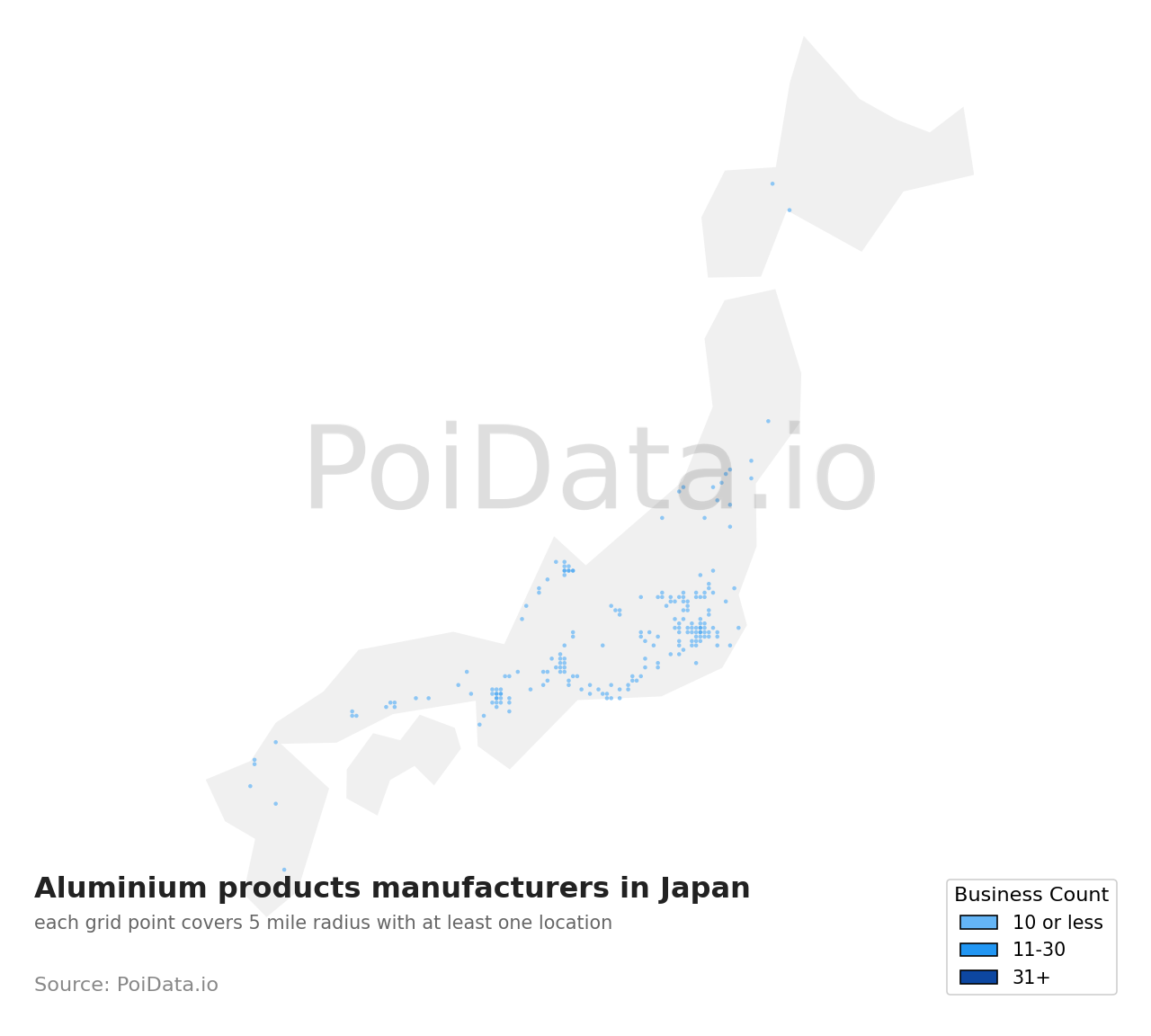Aluminium products manufacturer density map for Japan