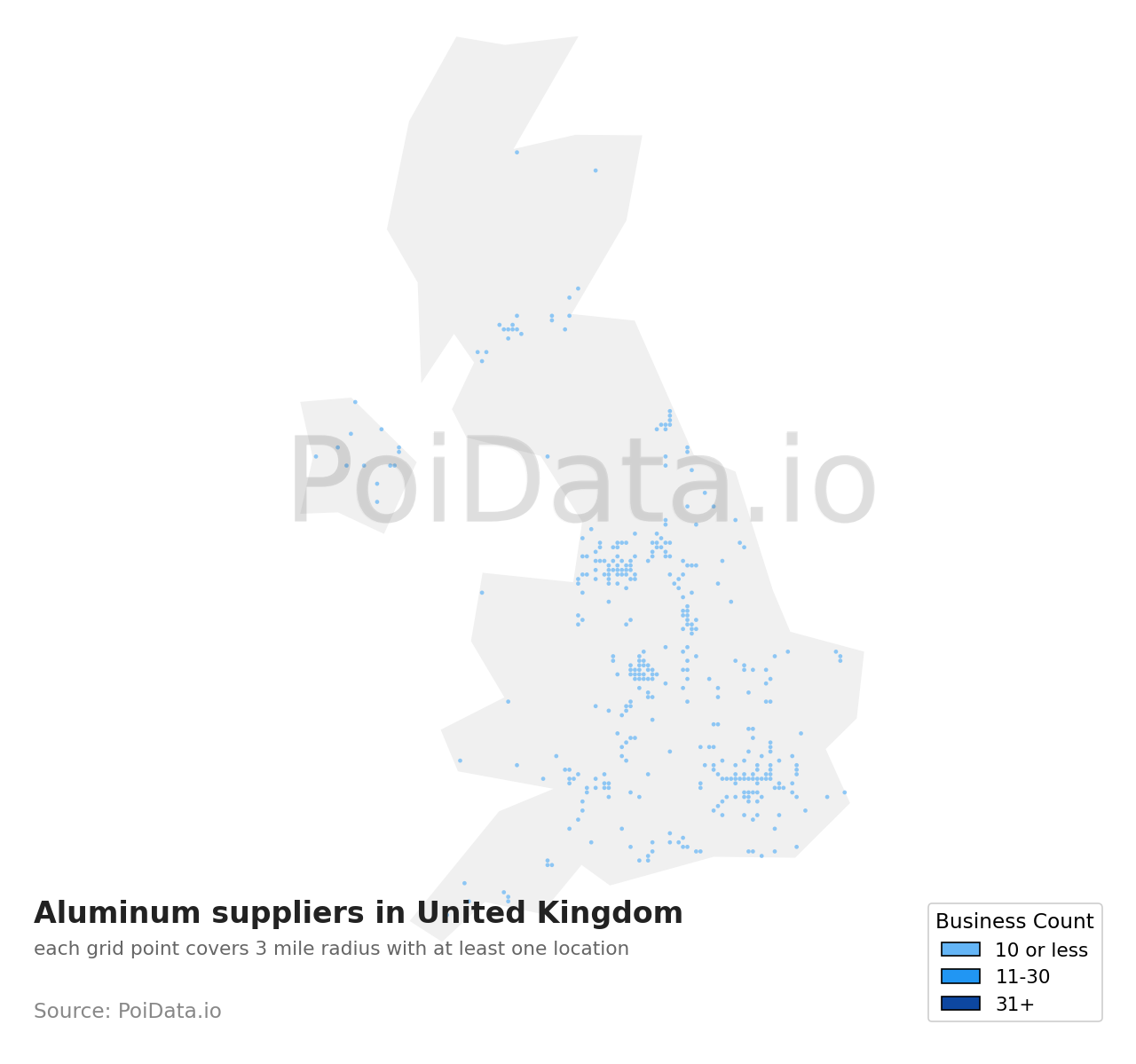 Aluminum supplier density map for United Kingdom