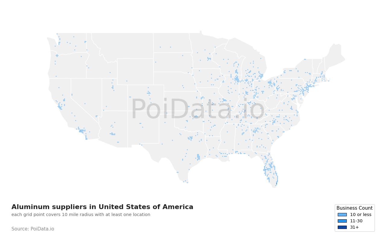 Aluminum supplier density map for Arizona, United States