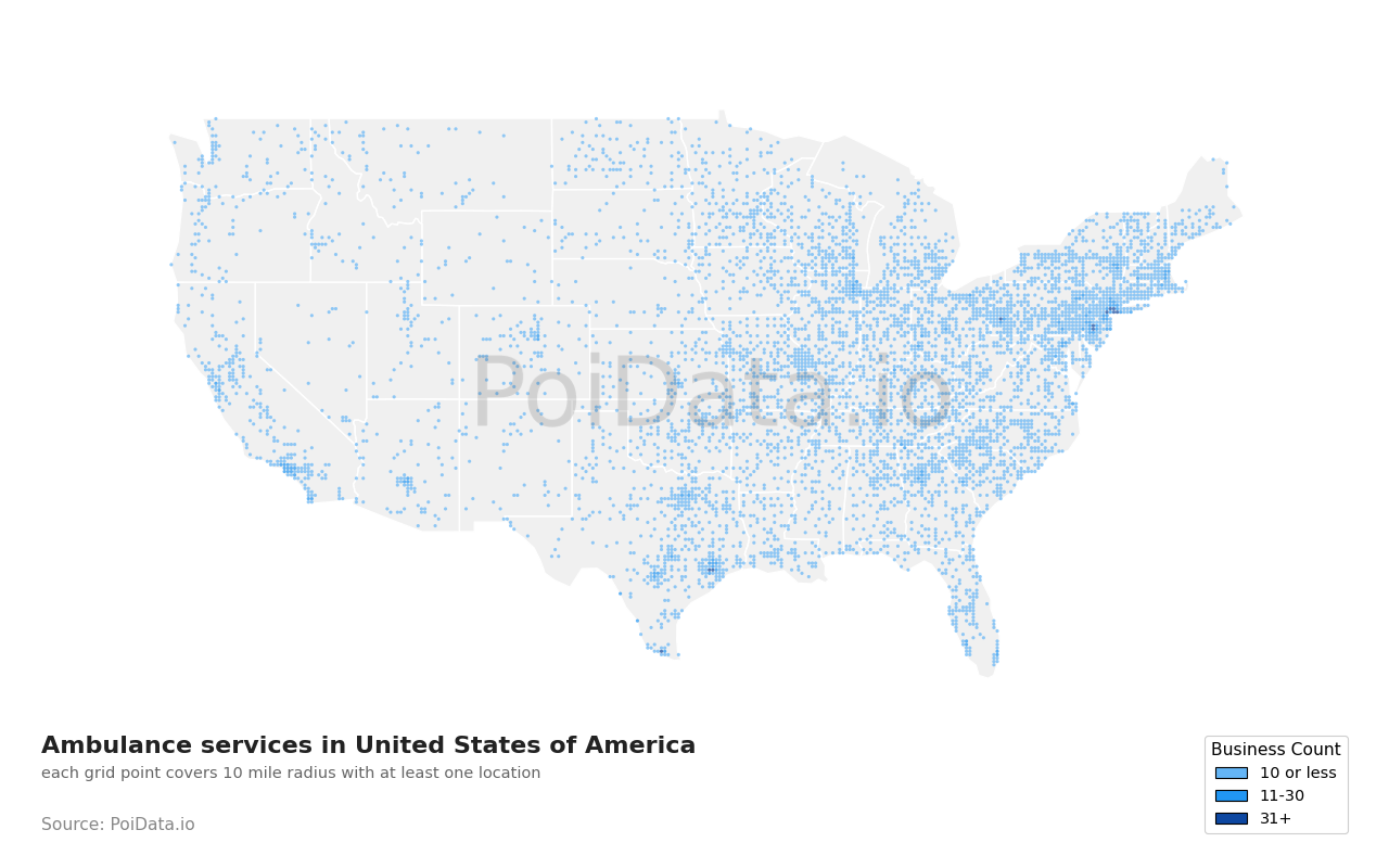 Ambulance service density map for Texas, United States
