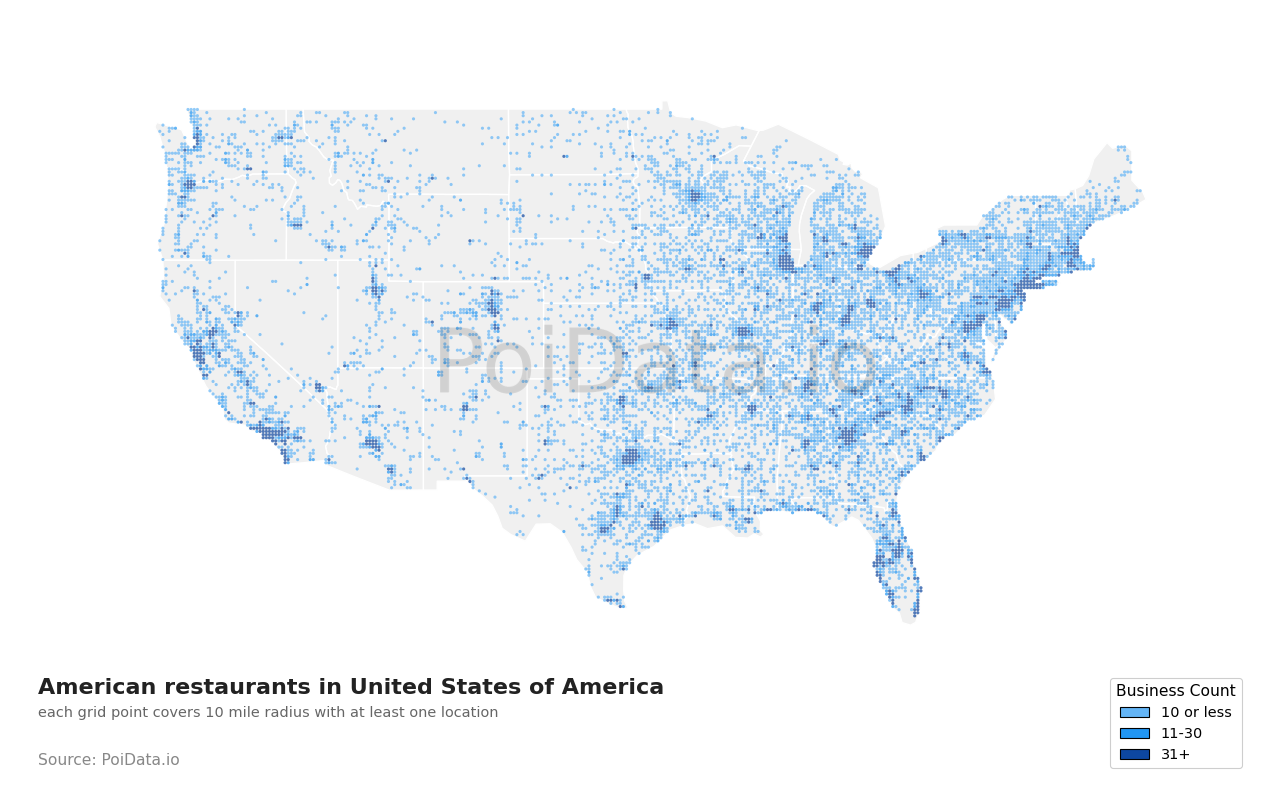 American restaurant density map for Florida, United States