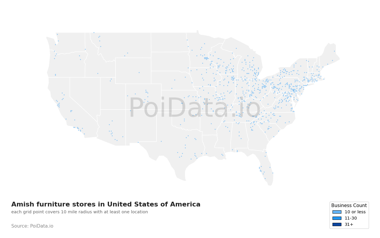 Amish furniture store density map for United States
