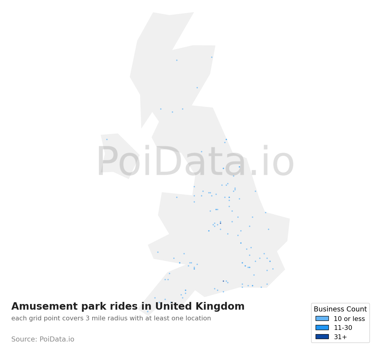 Amusement park ride density map for United Kingdom
