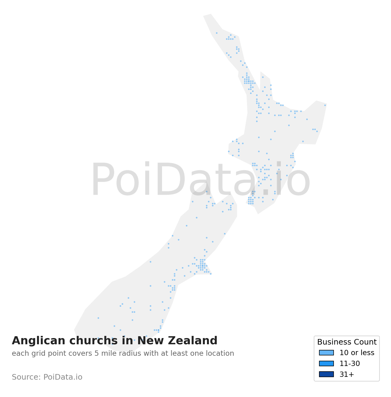 Anglican church density map for New Zealand