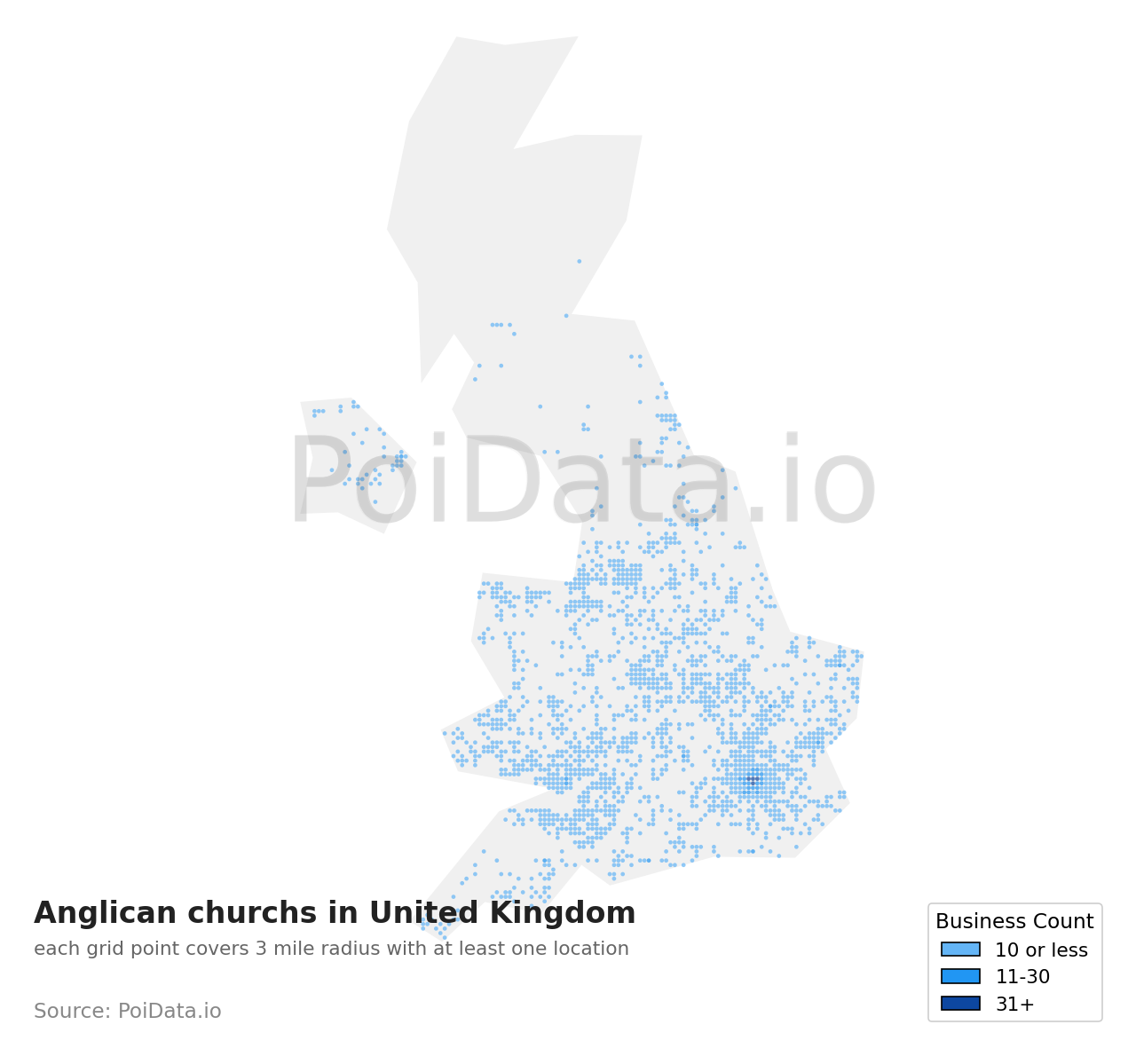 Anglican church density map for United Kingdom