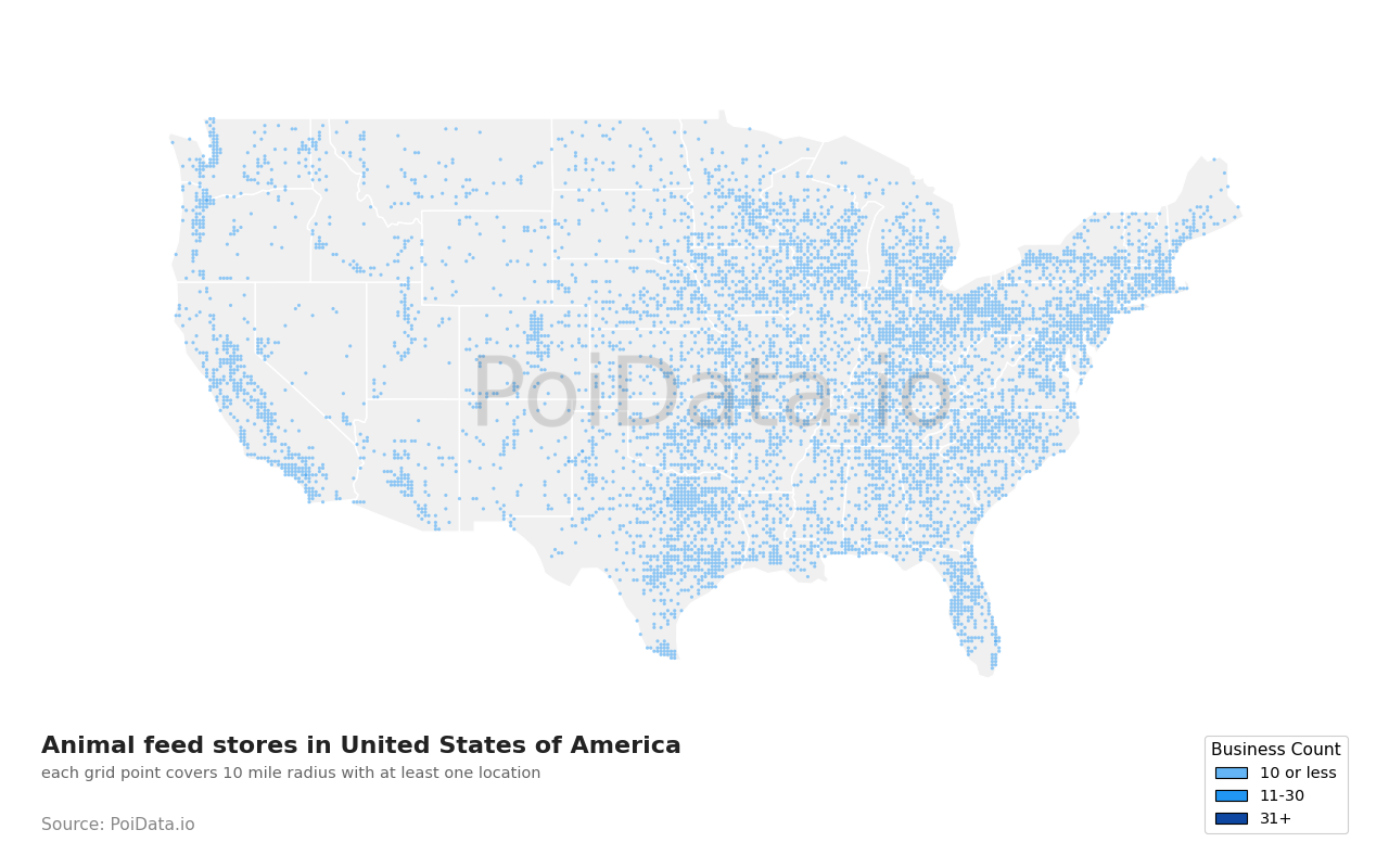 Animal feed store density map for Florida, United States